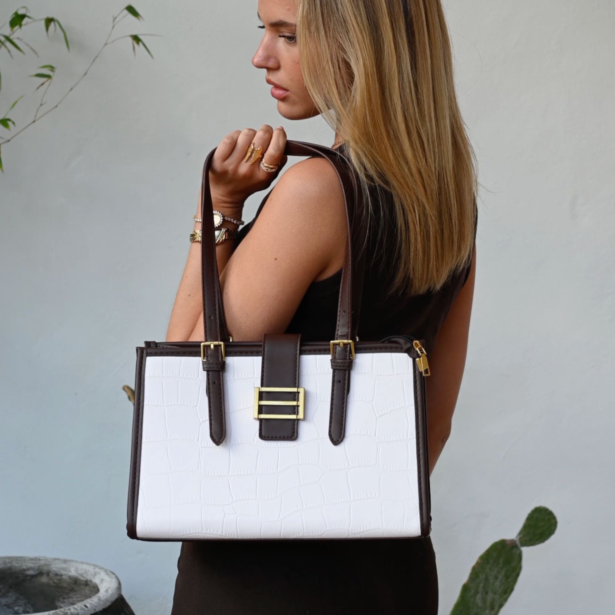 Clara White and Brown Croc Tote